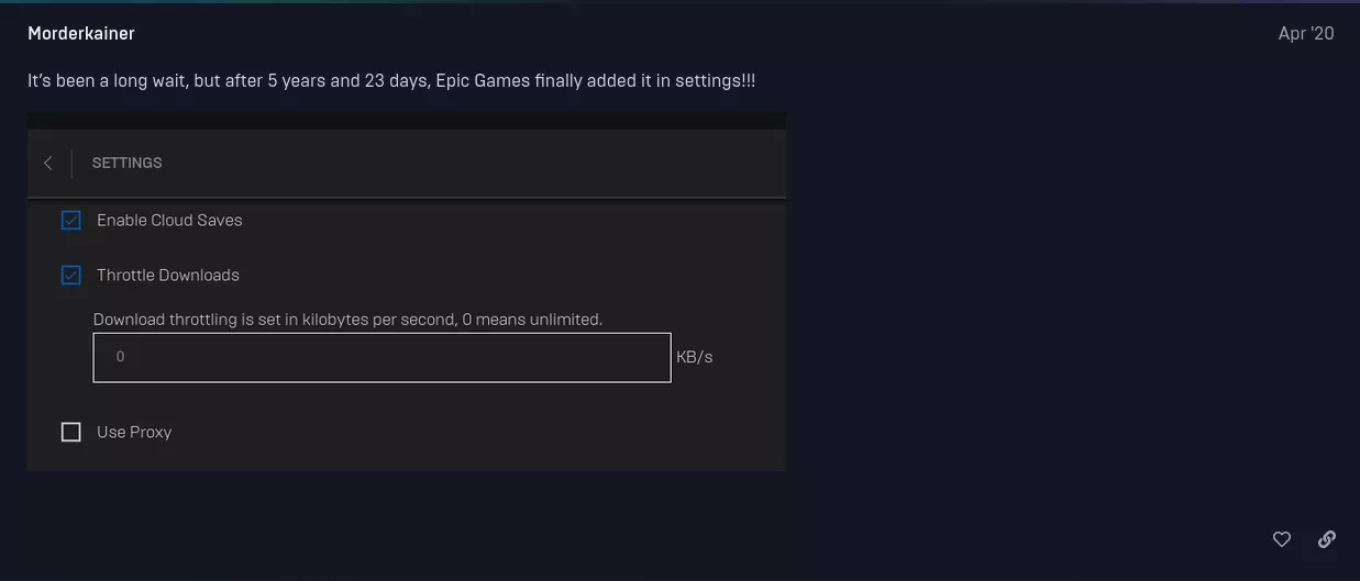 Screenshot of Epic Games community members content with download throttling being added