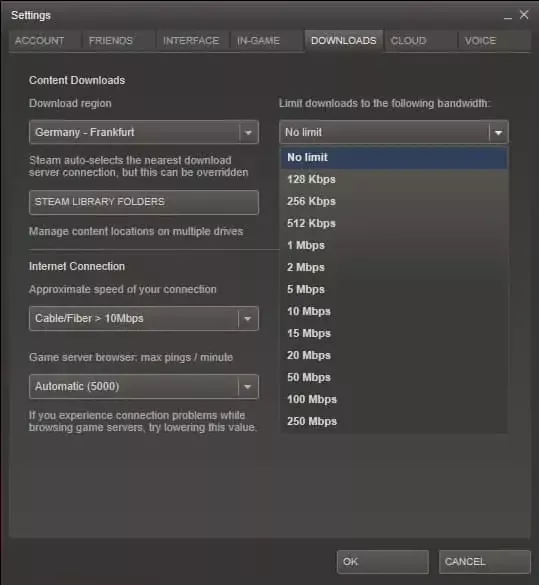 Steam client circa 2013 showing download bandwidth restriction options