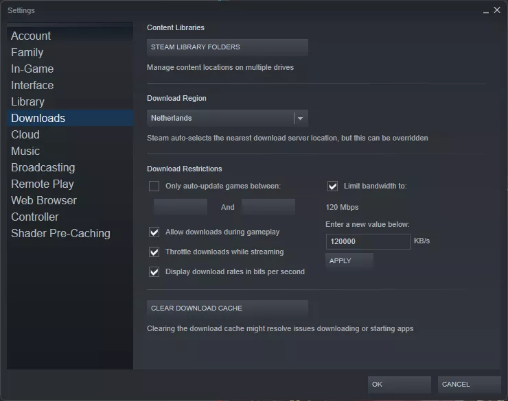 Steam client in 2022 showing download bandwidth restriction options in Mb/s